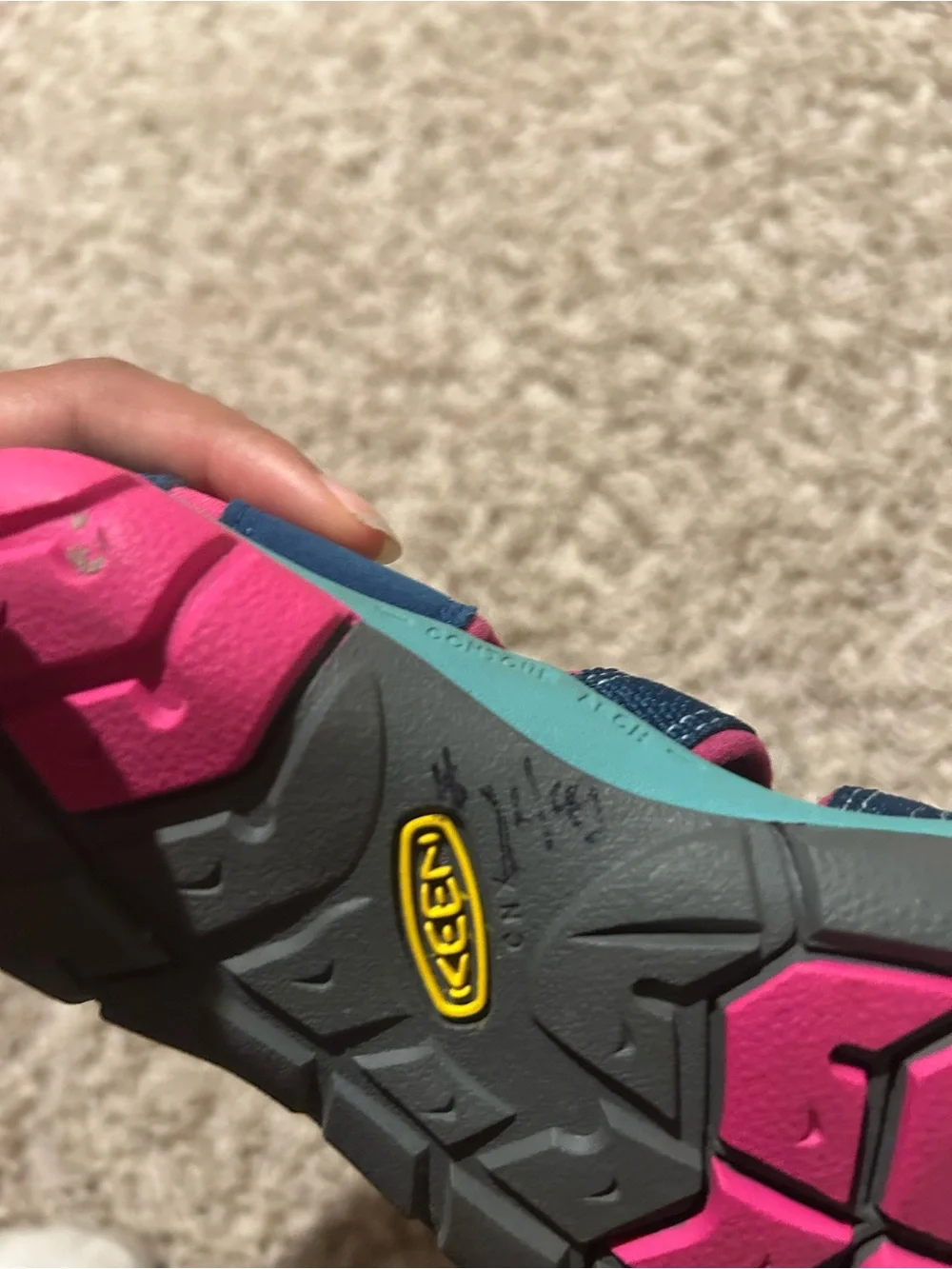 Keen Kids Navy, Pink & Teal Closed-Toe Water Shoes *writing on bottom of shoe*